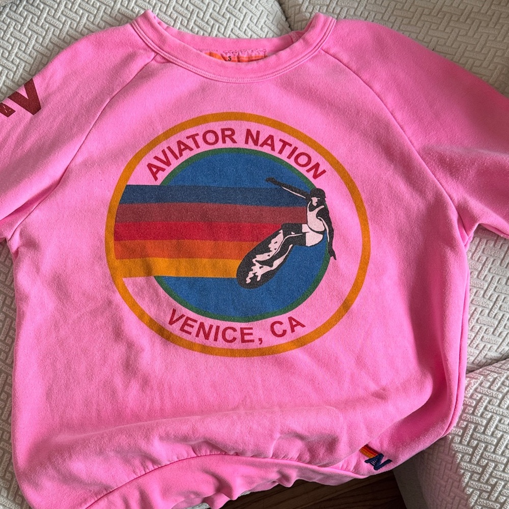 Aviator Nation Pink Pullover Sweatshirt with Rainbow Graphic